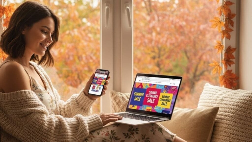 Woman shopping online for summer clearance Sale during autumn season