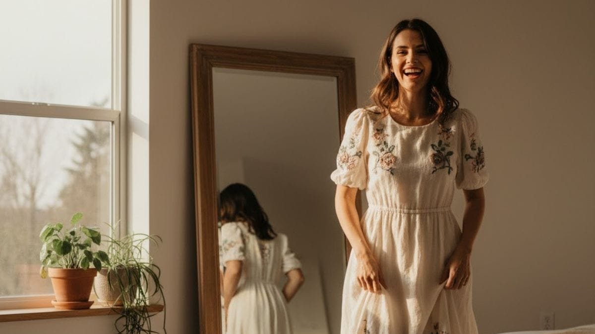 Woman smiling while trying on a mid size dress in front of a mirror