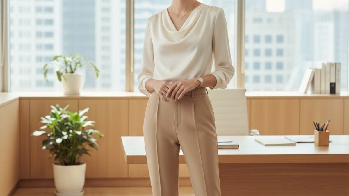 nfident woman wearing high-waisted female formal pants and a white blouse in a modern office.