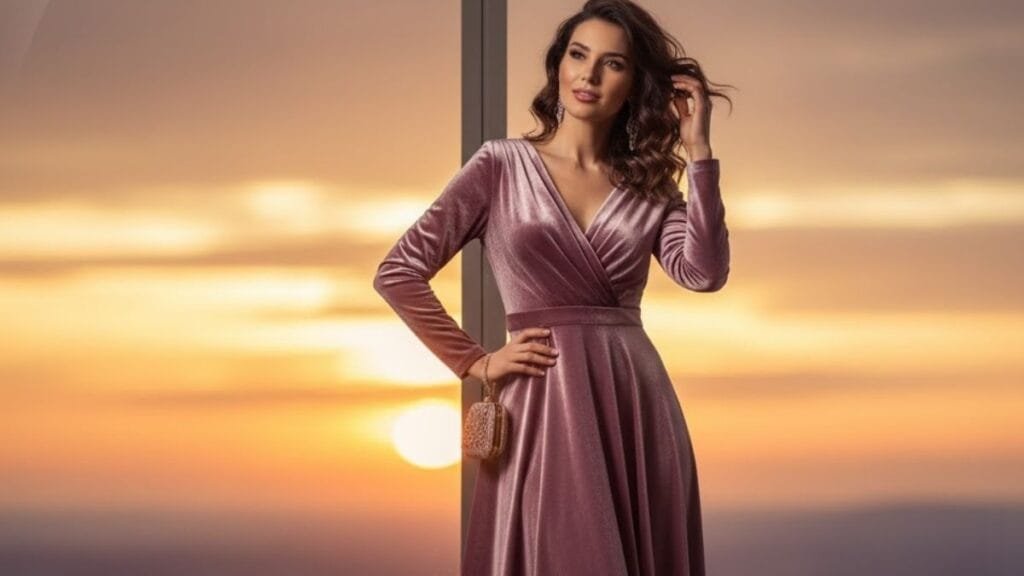 Confident woman wearing a mauve velvet dress in natural golden light, showcasing soft texture and timeless elegance.