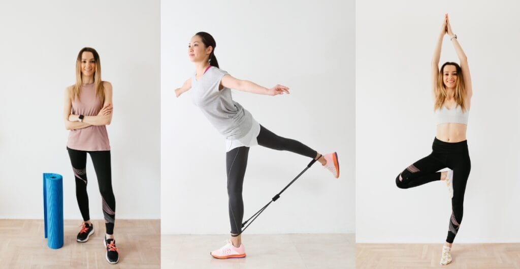 Females in leggings practicing yoga and stretching with sporty styles