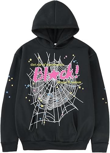 "black hoodie spider web graphic pink lettering oversized"