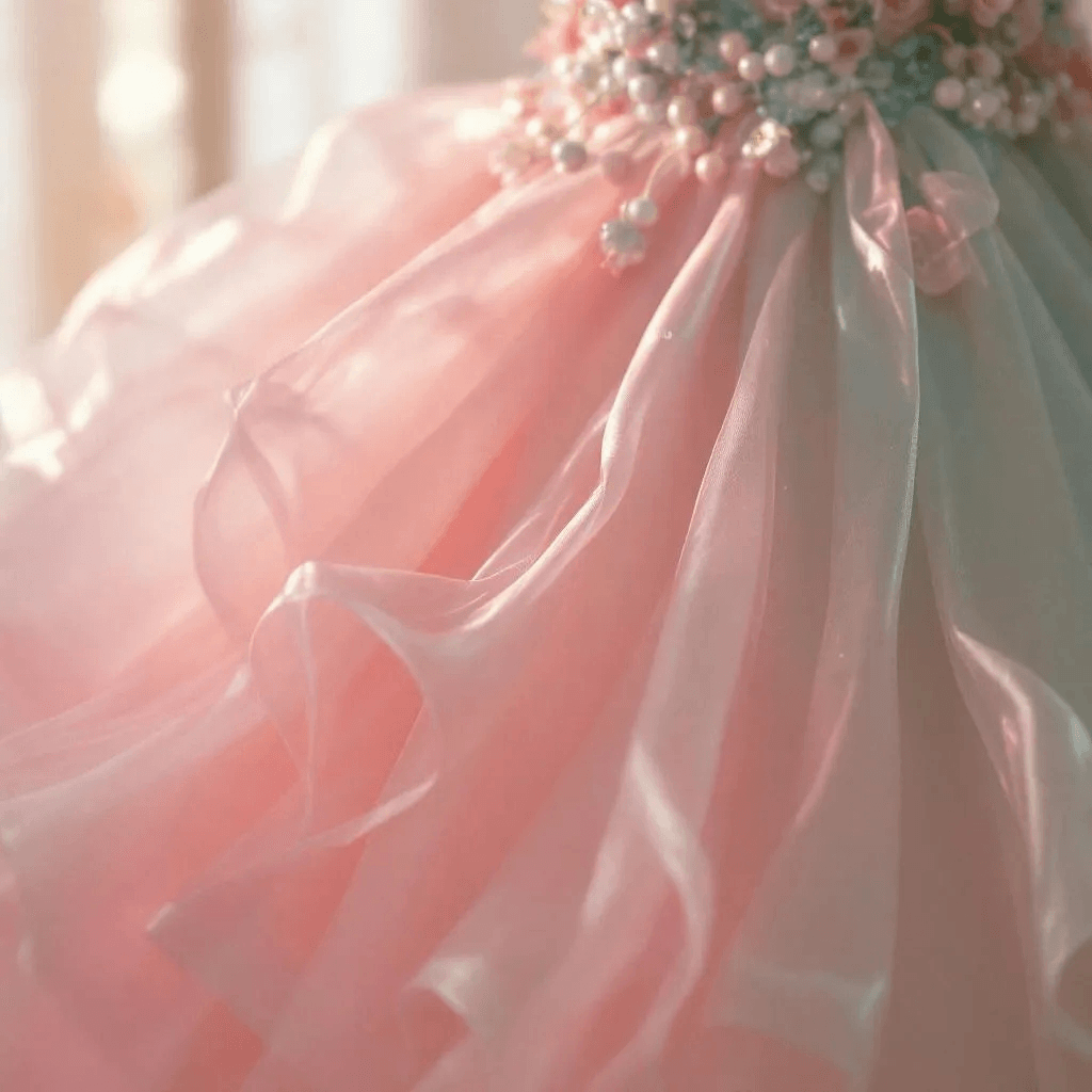 Close-up shot of the intricate fabric details of a big poofy dress