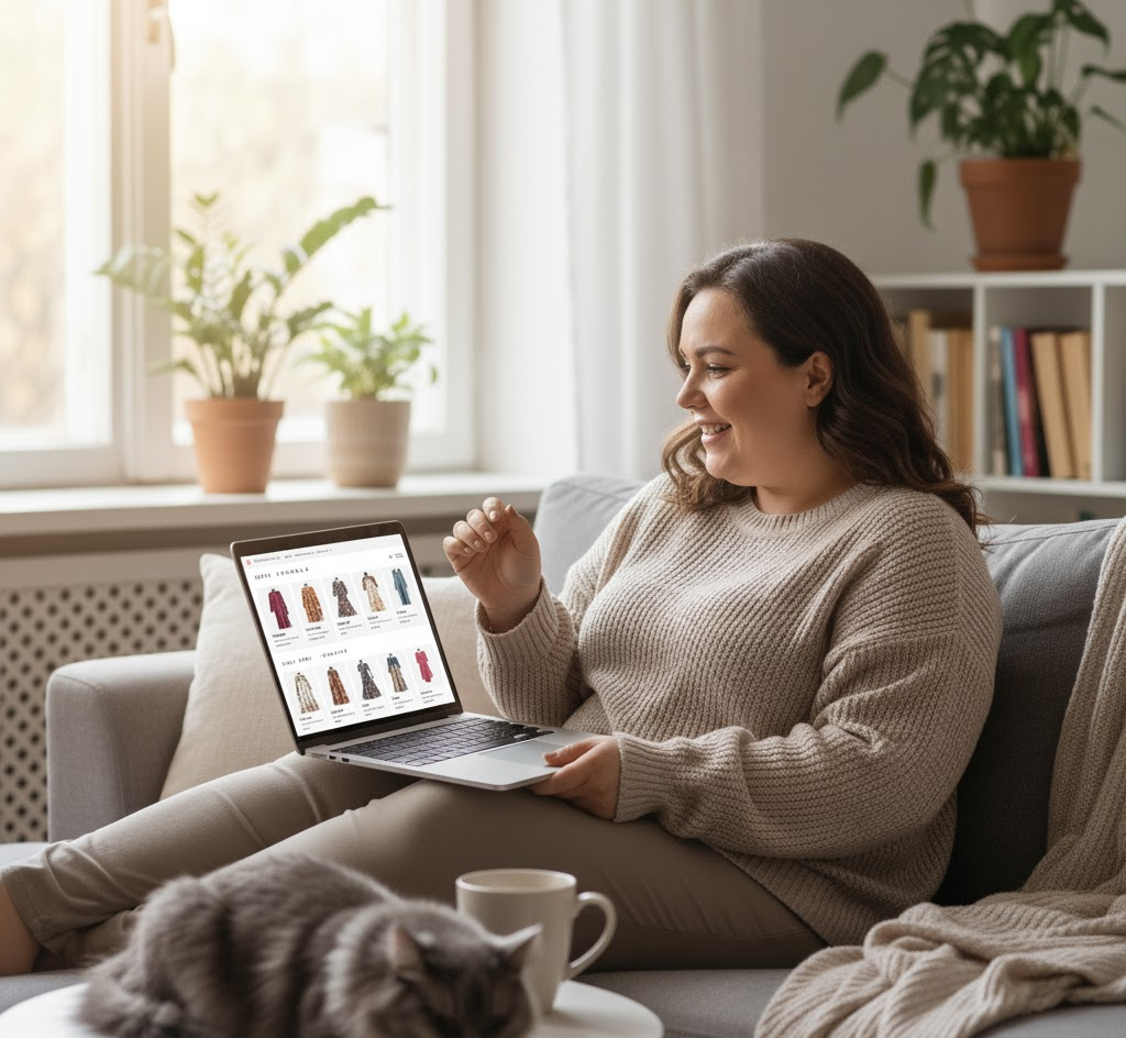 Woman browsing the Just My Size Catalog online for plus-size clothing
