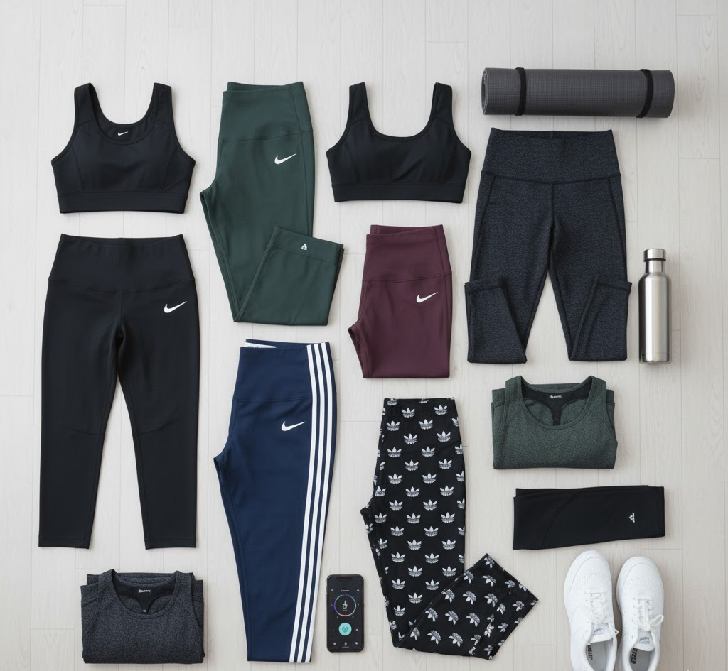 Collection of top-brand logo leggings from Nike, Adidas, and Lululemon