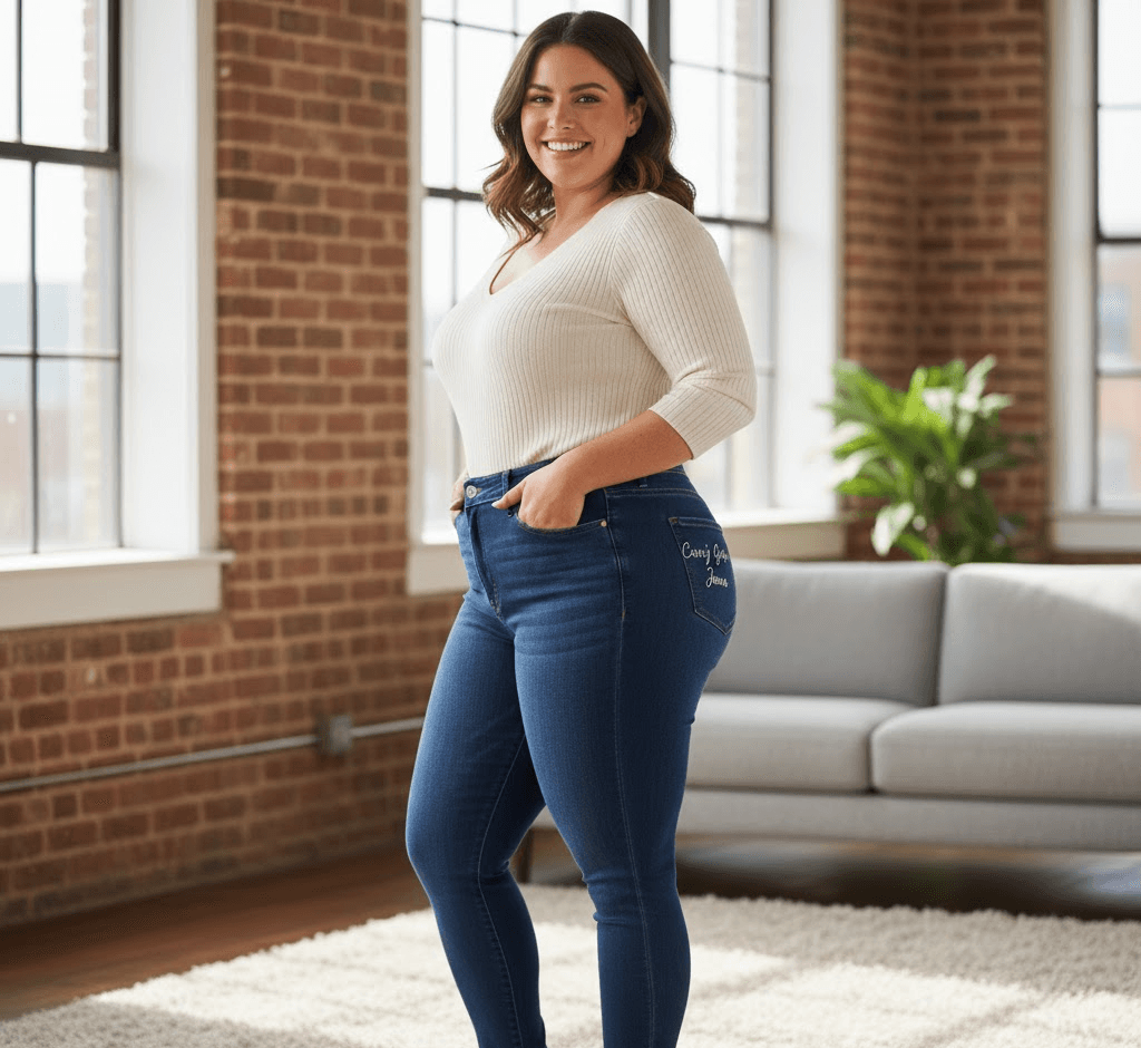 Curvy woman in high-waisted skinny jeans with a fitted top, showcasing a flattering and stylish look.