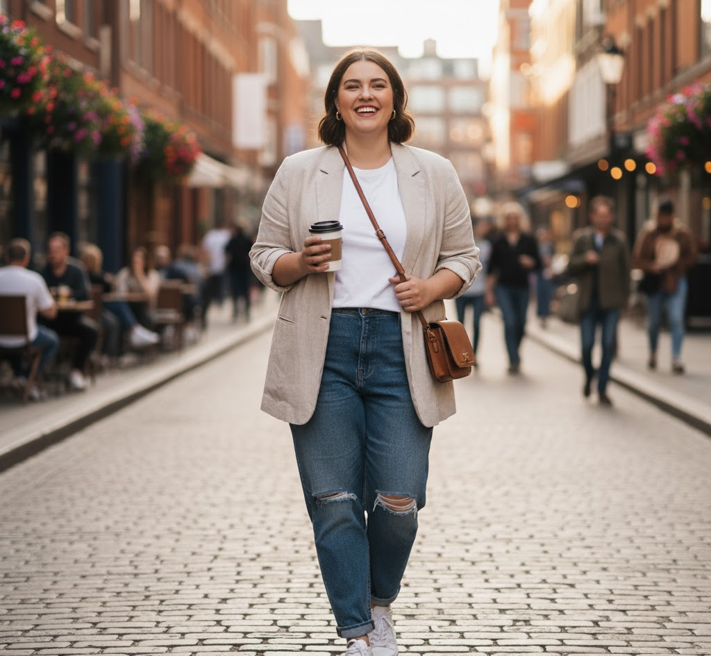 Plus-size woman styling a women plus size blazer with jeans and shoes for a casual look