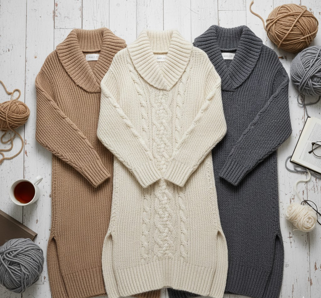 Folded knitted winter tunics in soft neutral shades