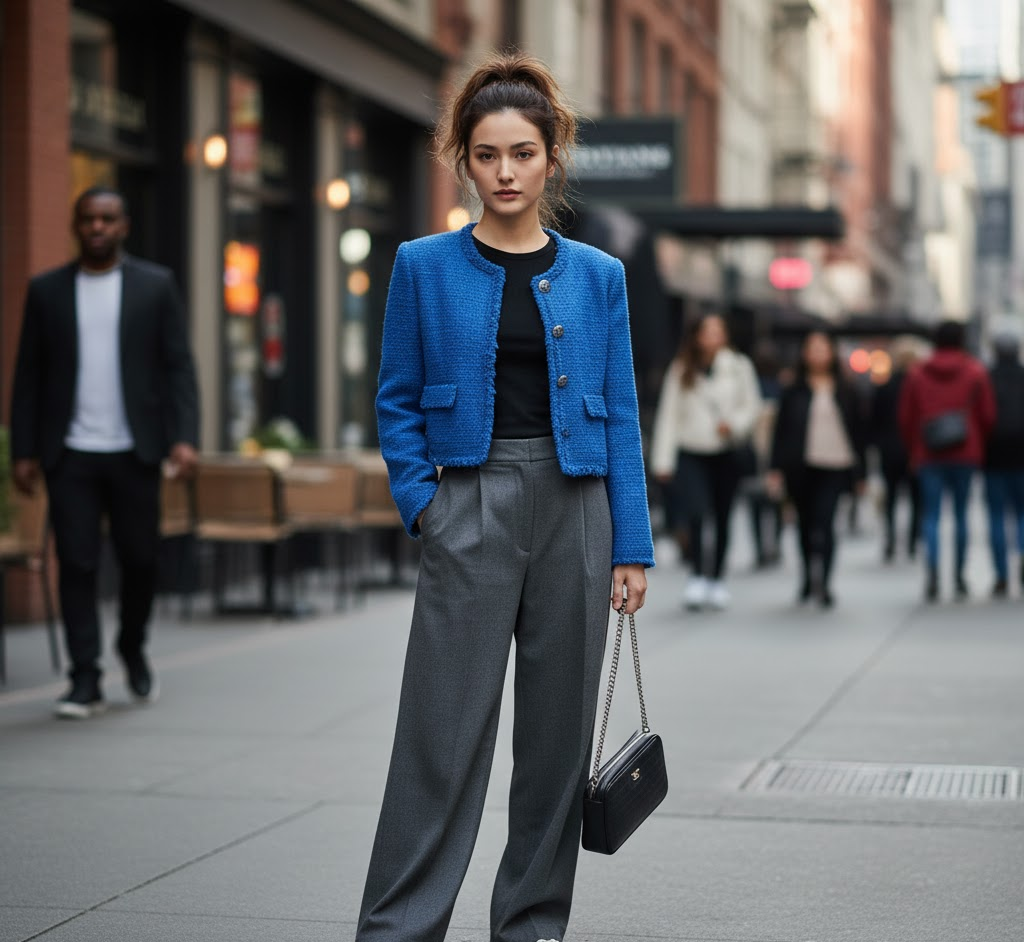 Petite model in cropped jacket and wide-leg pants walking confidently