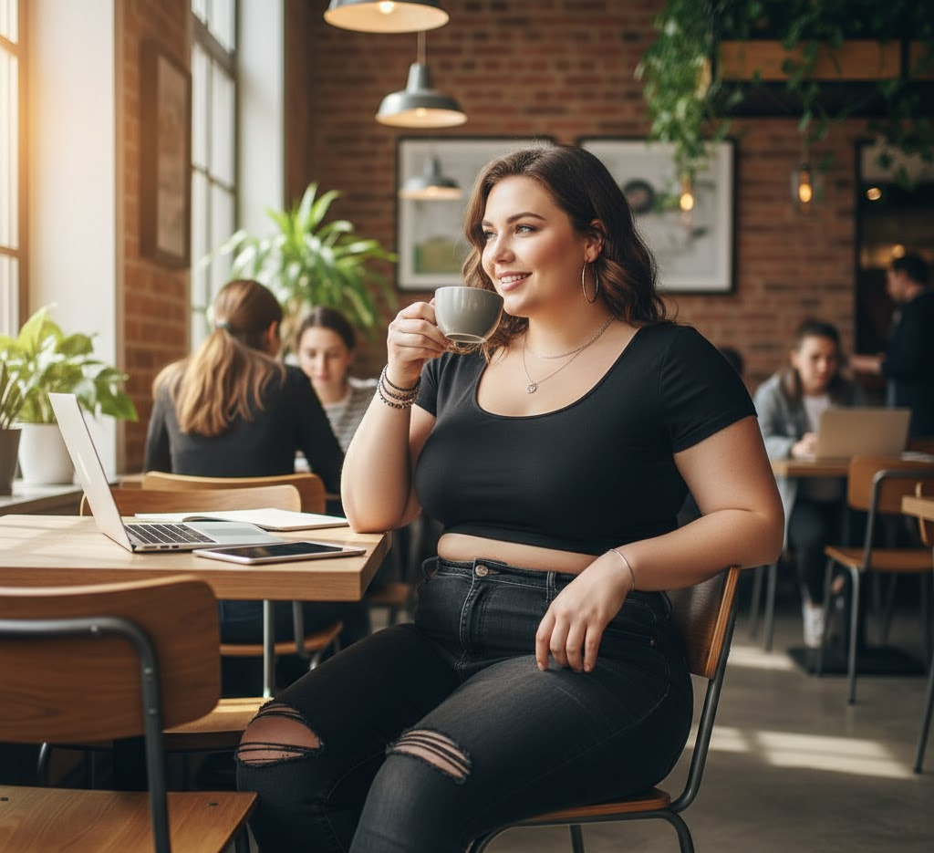 Plus size woman wearing a black crop top and high-waisted jeans confidently posing outdoors