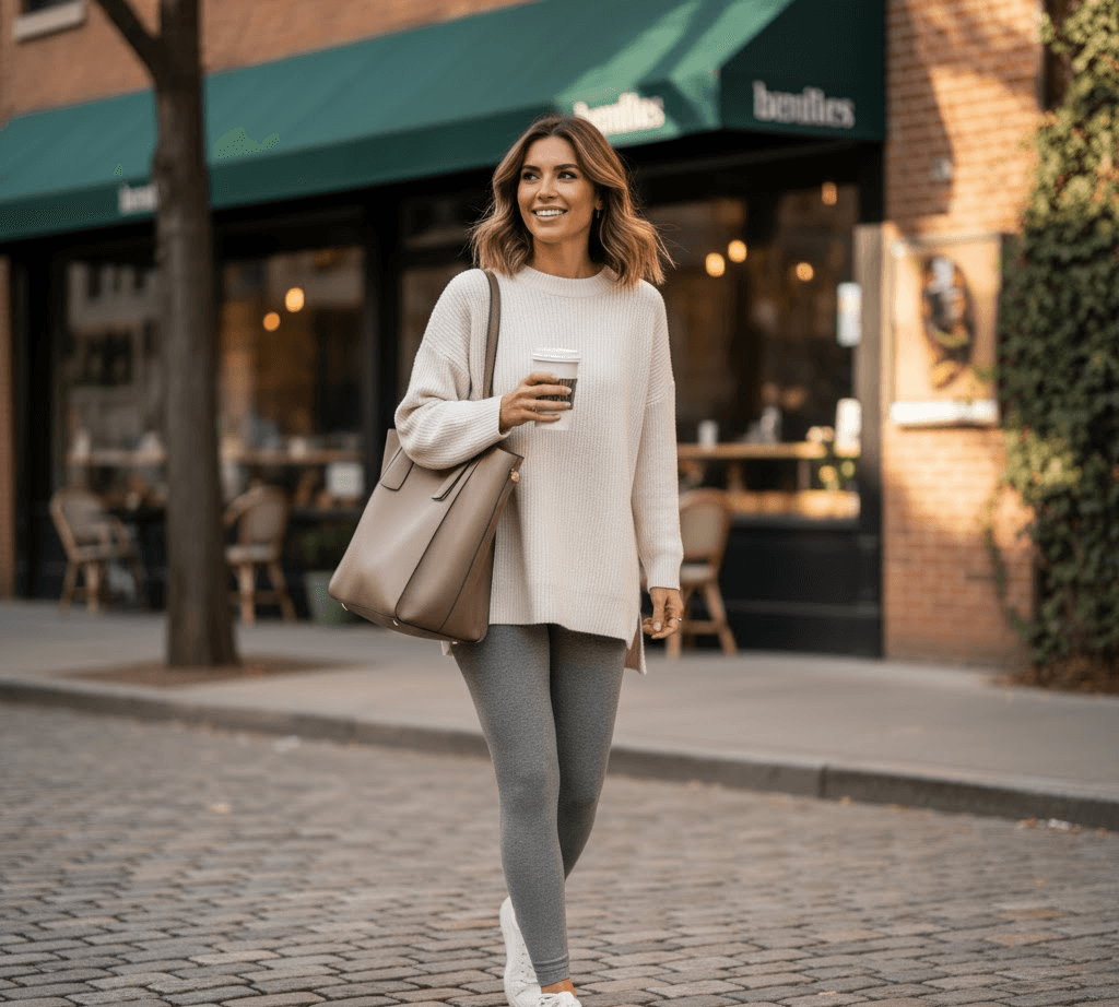 Woman pairing high-quality legging brand with a casual oversized sweater and coffee cup