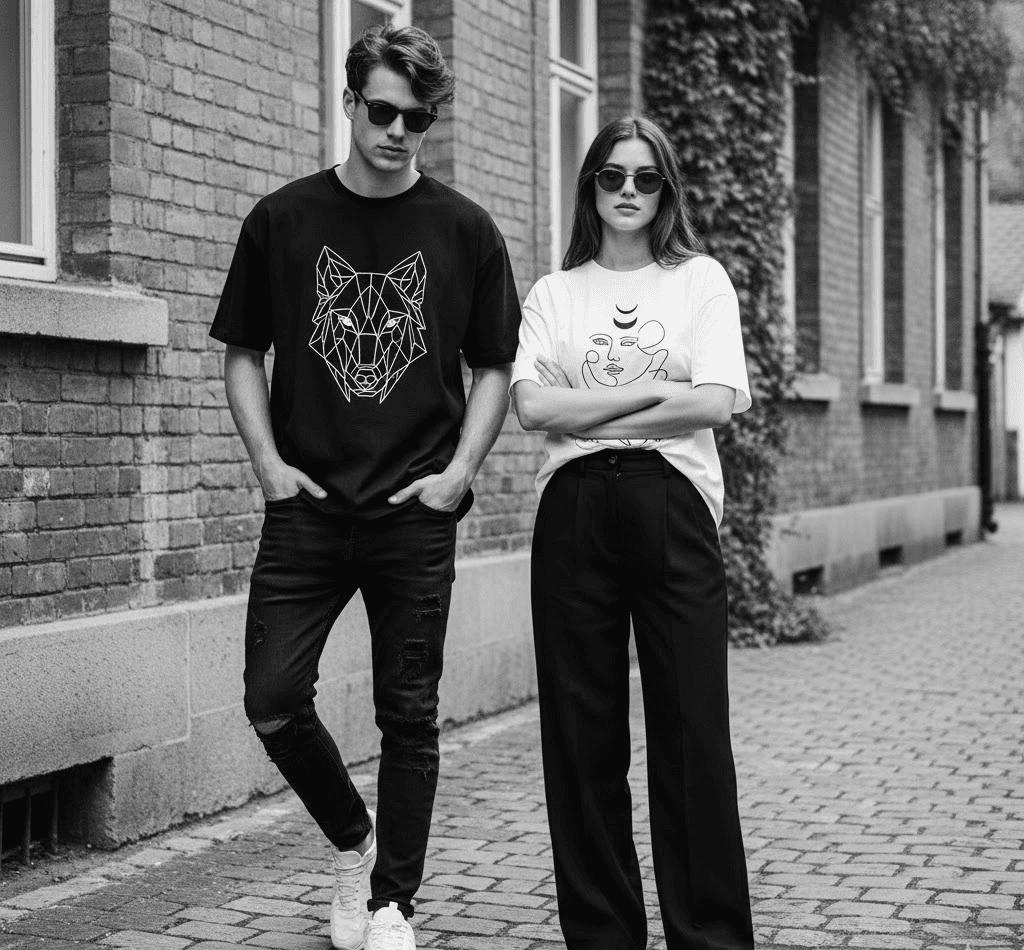Casual black and white graphic tees styled with jeans"