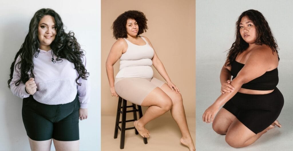 Three plus-size women modeling different styles of ladies plus shorts in neutral tones against studio backdrops.