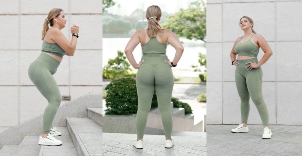 Plus size woman working out in matching activewear sets, featuring high-waisted leggings for plus size ladies