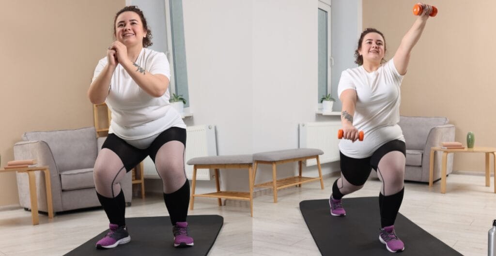 A plus-size woman in activewear performing exercises at home, wearing plus size active shorts, leggings, and a white t-shirt while using dumbbells during her workout session