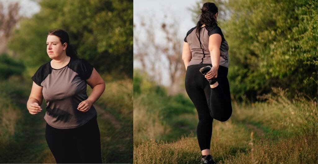 Plus size woman jogging and stretching outdoors in black plus size fitness leggings, designed for comfort and performance