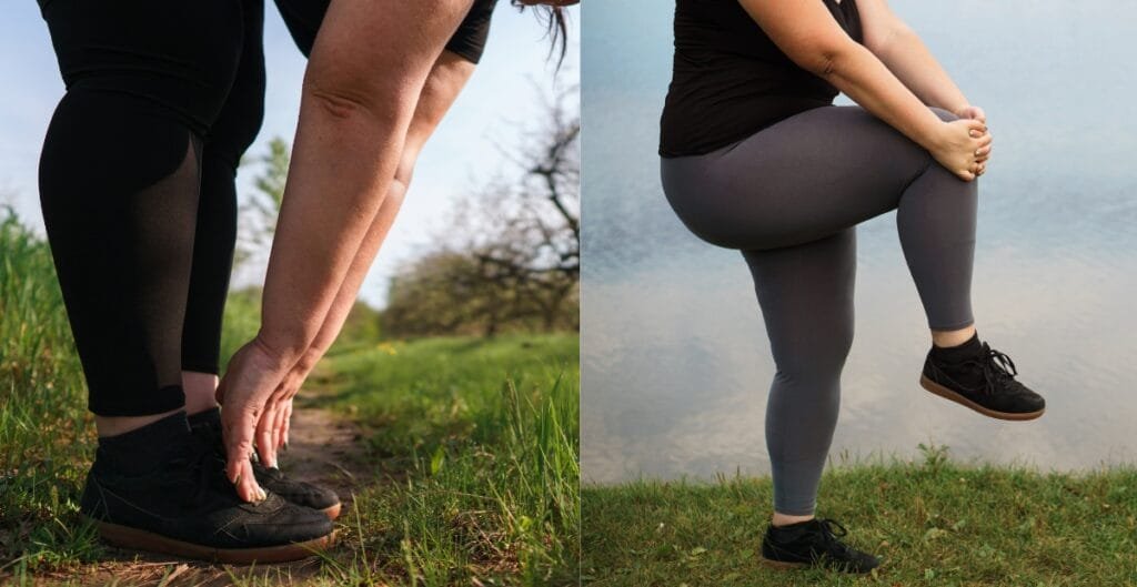 A plus size woman showcasing different fitness poses in stylish plus size fitness leggings, ideal for yoga and exercise
