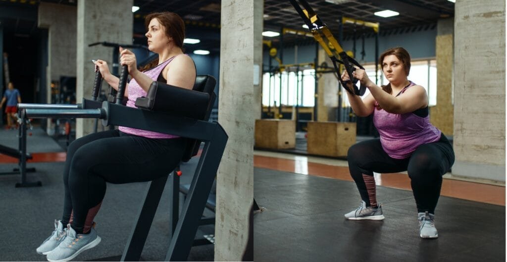 Plus-size woman in a gym wearing a purple plus-size fitness tank and workout gear, performing strength training with TRX bands