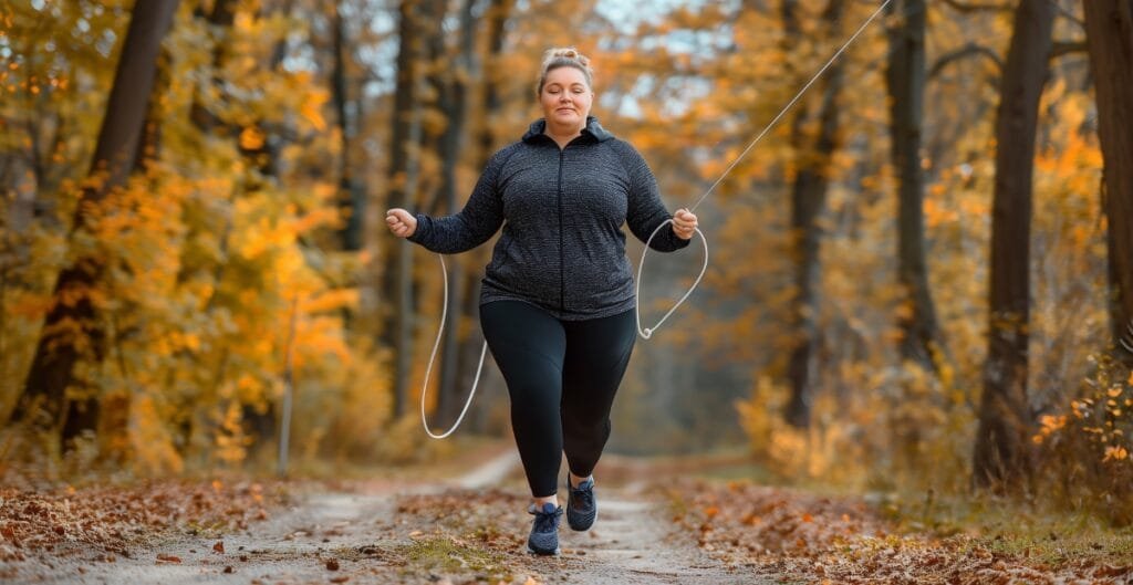 Plus size woman in jogger suit walking outdoors on an autumn path, showcasing comfort and confidence.