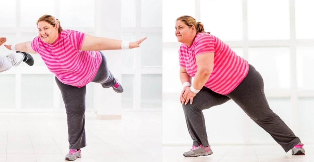 Plus size woman stretching in gym, wearing fashionable plus size joggers