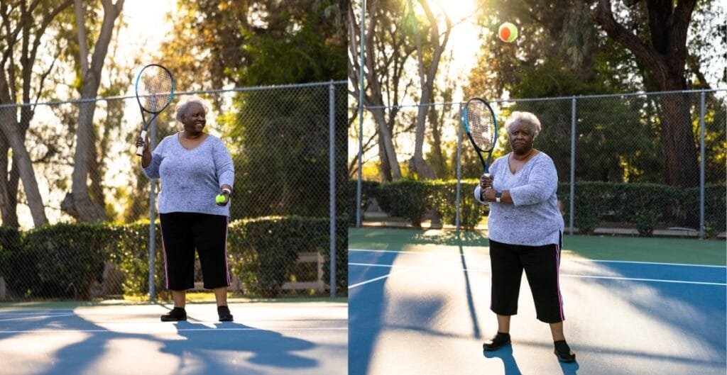 Plus-size woman wearing a tennis dress, holding a racket and ready to serve on the tennis court