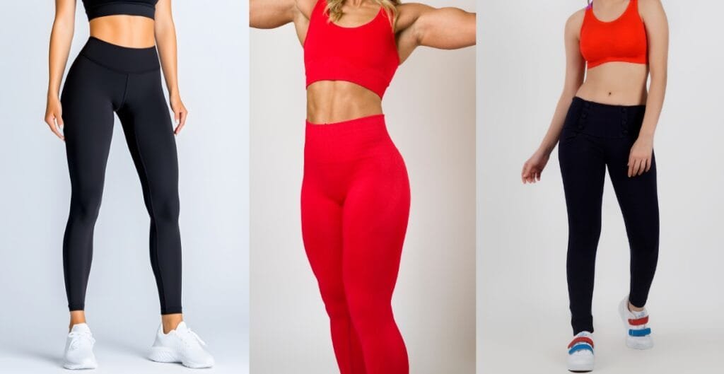 Model showcasing red and black leggings paired with a matching sports bra, perfect for a fitness or athleisure look