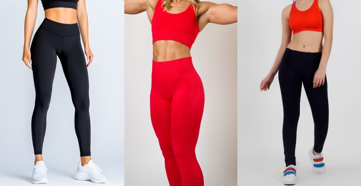 Model showcasing red and black leggings paired with a matching sports bra, perfect for a fitness or athleisure look
