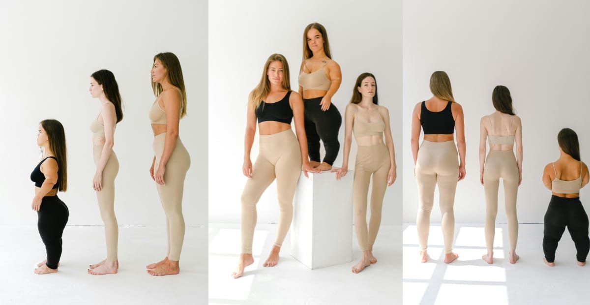 Models showing different styles of seamless leggings with a focus on fit and comfort
