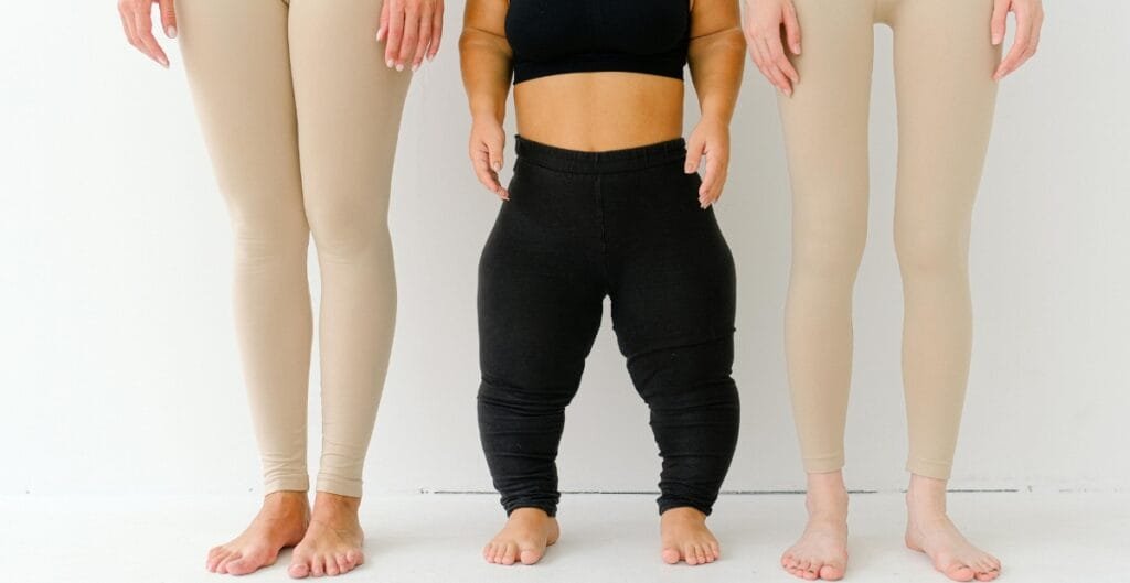 Different body types in seamless leggings, emphasizing comfort and inclusivity