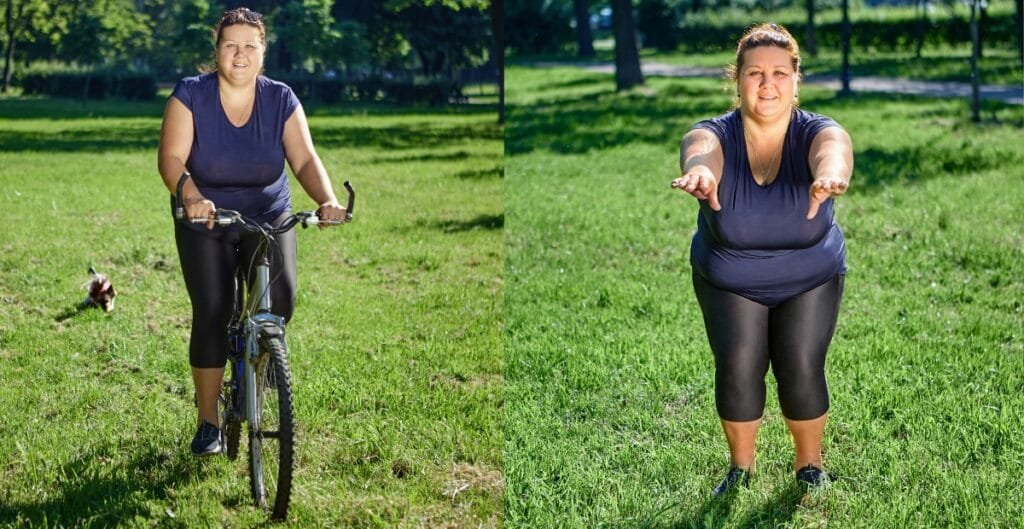 A woman in thick plus size leggings riding a bike outdoors, enjoying active lifestyle