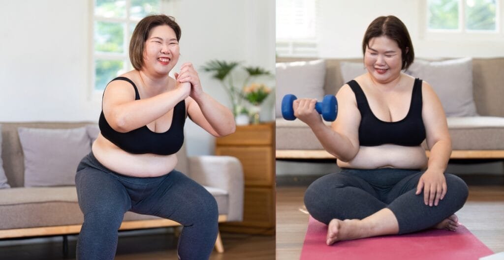 Plus size woman performing squats and lifting weights in thick plus size leggings at home