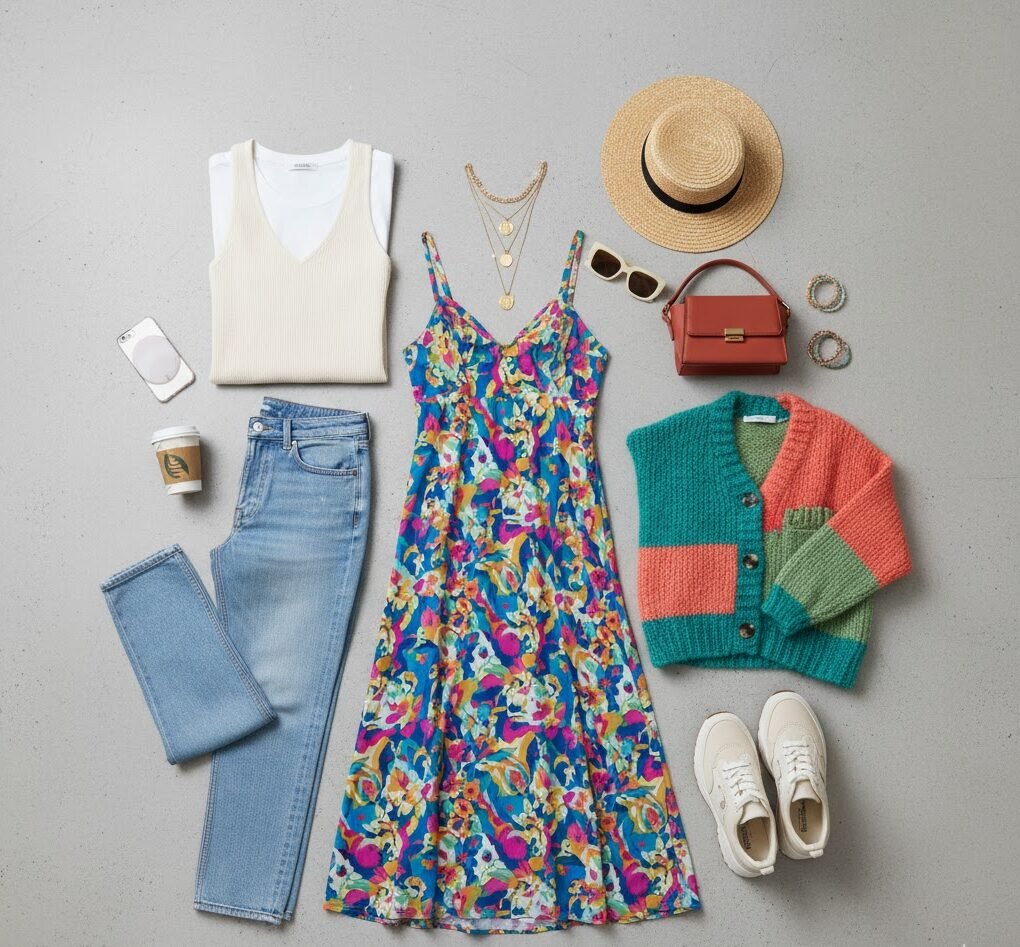 Flat lay of trendy clothing pieces including jeans, printed dress, and accessories
