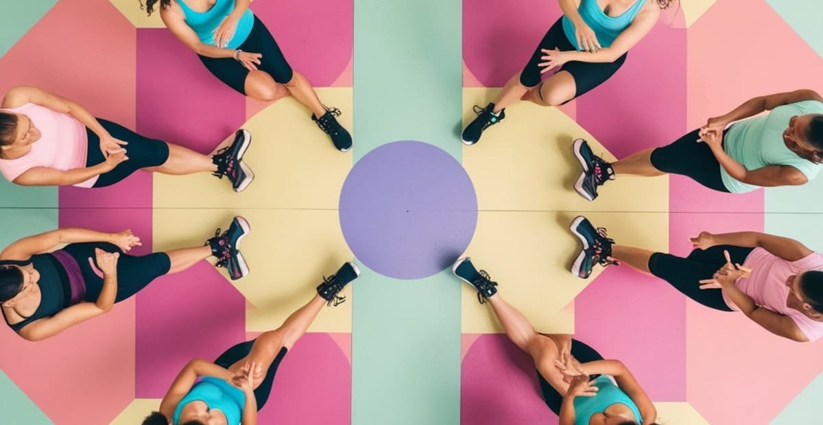 Group of women wearing workout bottoms in a fitness class, exercising in different poses on a colorful floor