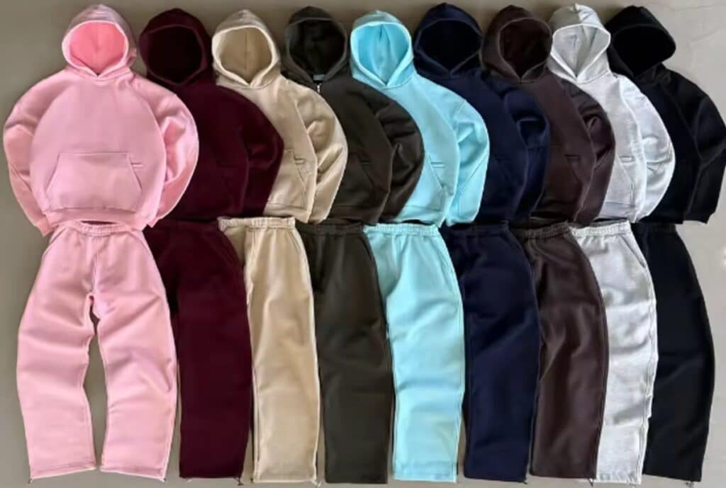 “USA-based fleece sweatsuit production in action.”