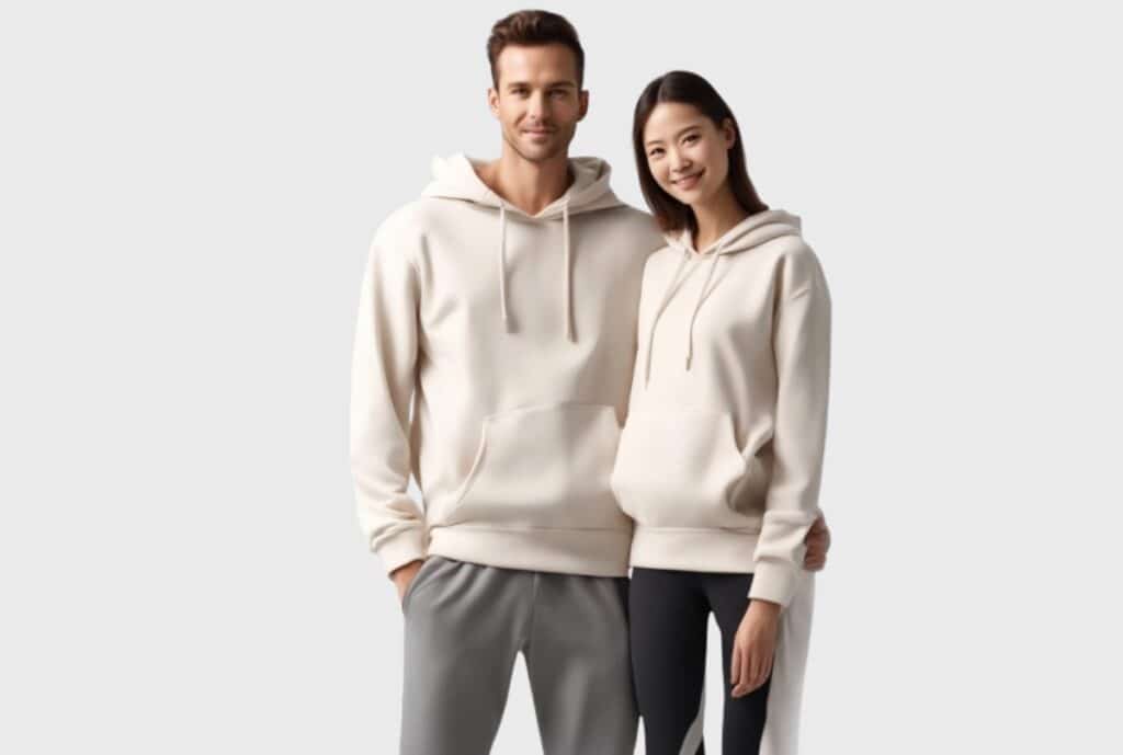 A collage of men's and women's hoodies and sweatpants in various colors, displayed on a clothing rack and a model, with a U.S. map overlay to emphasize USA sourcing.