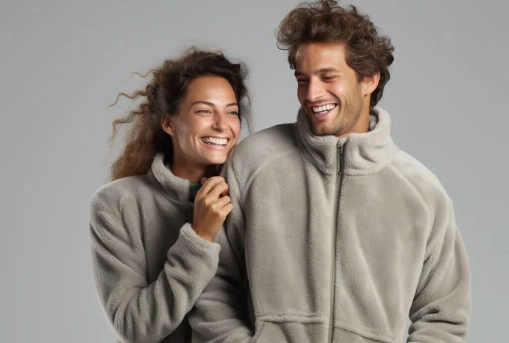 "Close-up of a high-quality, soft black fleece sweatsuit fabric with visible stitching and a branded label."