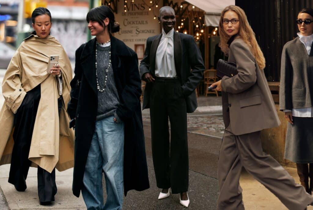 "A diverse group of models wearing casual men’s and women’s outfits, including t-shirts, chinos, dresses, and jackets, standing against a neutral backdrop."