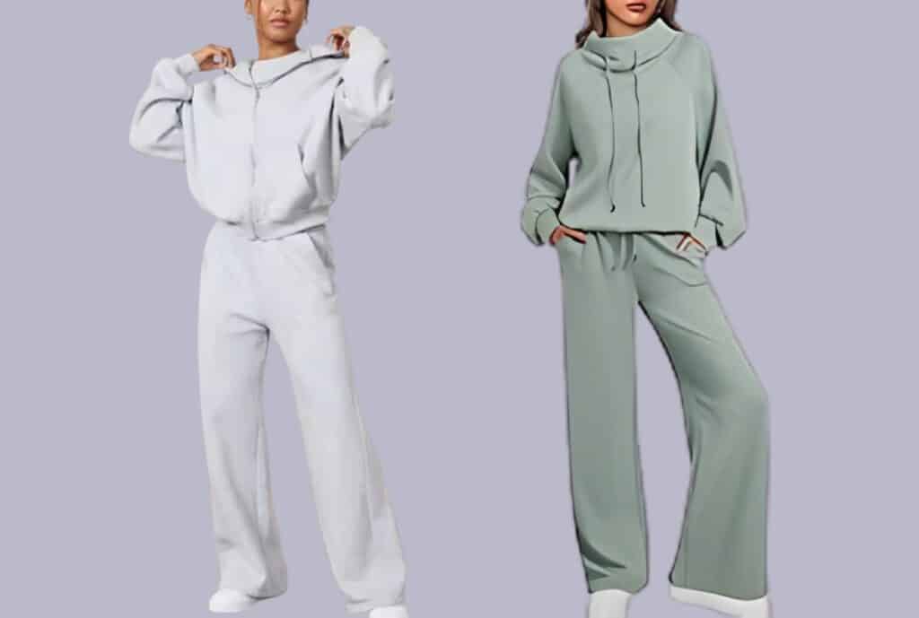 "Flat lay of a sweatsuit set with a blank white label for private-label branding, surrounded by fabric swatches."