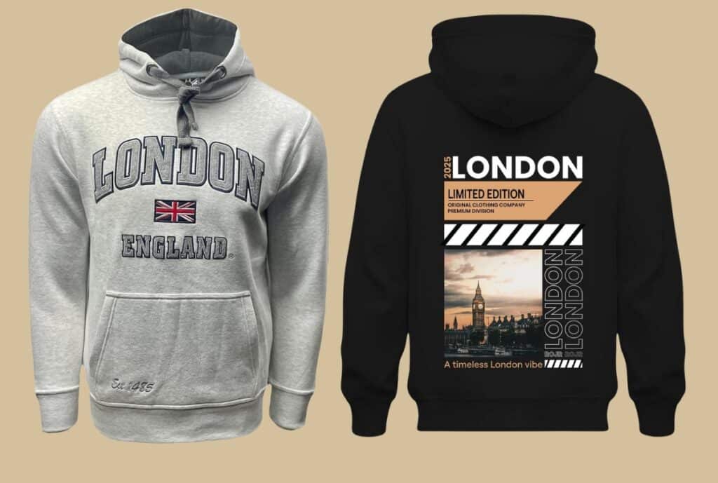 "A modern factory interior in London where oversized hoodies are produced, with sewing machines and fabric rolls."