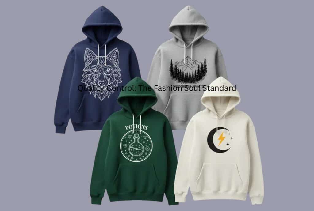 A quality control inspector reviews fabric swatches and sewing stitches on a well-lit workstation, with a fashion studio environment in the background and a “Quality” badge visible to symbolize the Fashion Soul Standard.