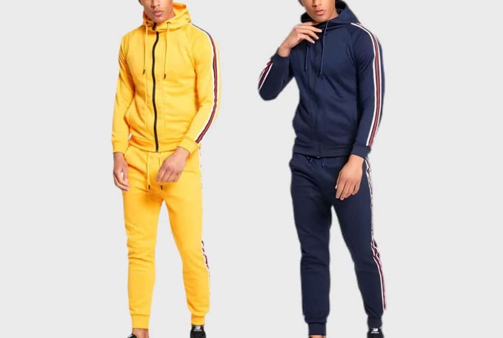 "Model wearing a green recycled polyester sweatsuit, showcasing sustainable activewear in a modern gym setting."