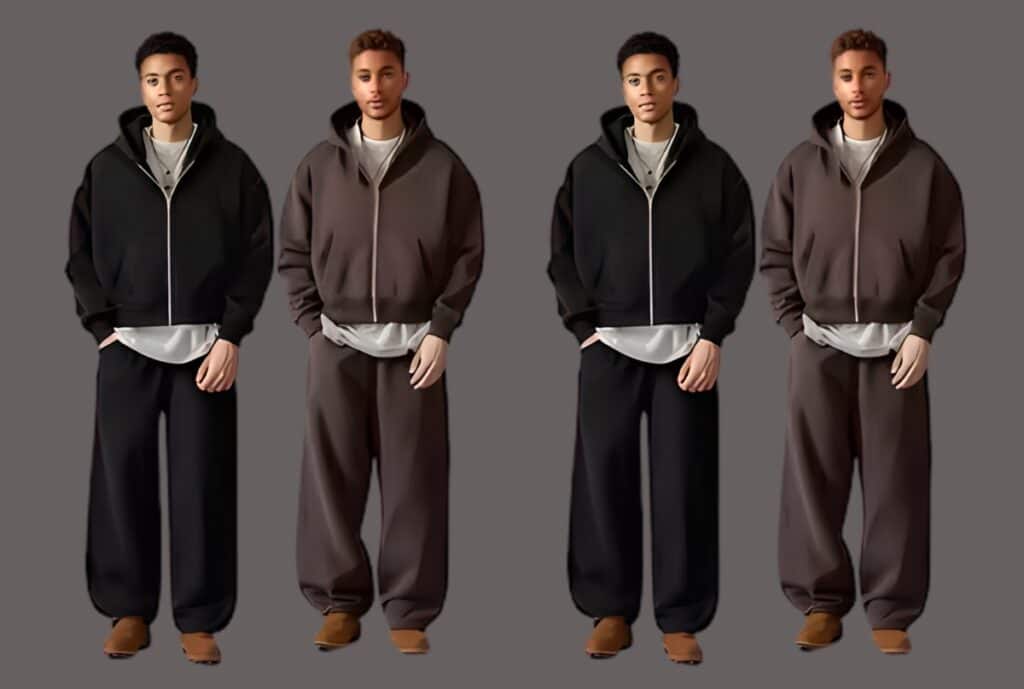 A businessperson reviewing supplier catalogs for sweatsut sourcing in a modern office, with a map of the USA in the background.