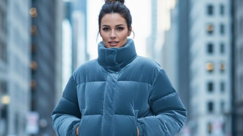 Woman posing outdoors wearing a cropped puffer jacket in a city setting