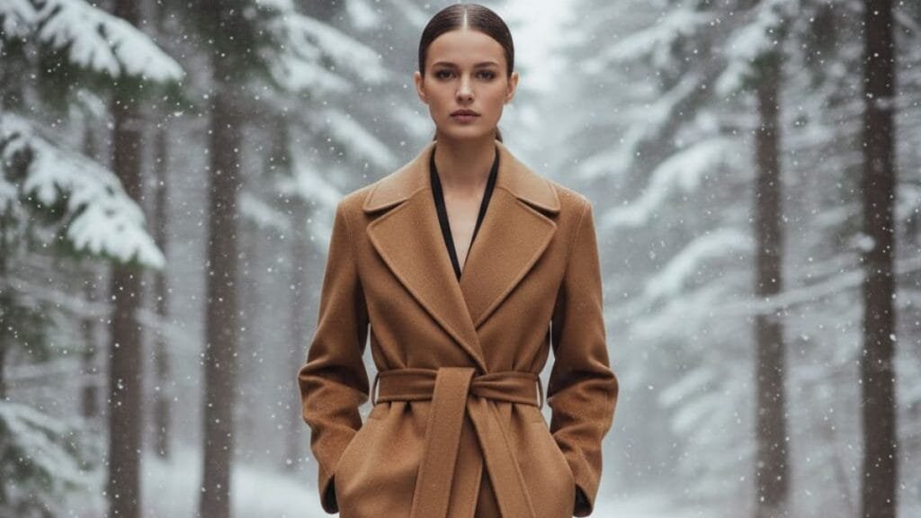 Woman wearing a stylish belted wool winter coat walking through urban streets