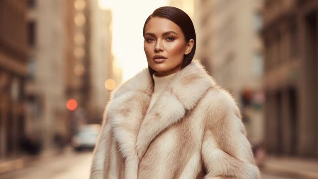 Woman wearing a plush faux fur coat standing in soft winter light