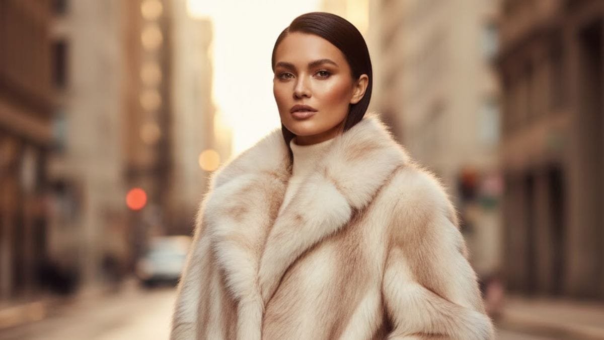 Woman wearing a plush faux fur coat standing in soft winter light