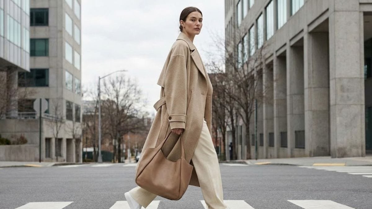 Model wearing an oversized relaxed-fit coat and wide-leg trousers in an urban street setting