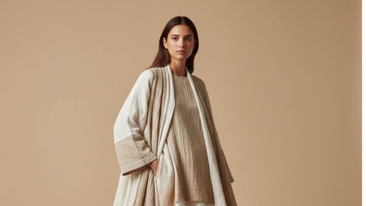 Model wearing a sustainable outfit made from organic fabrics in a minimalist studio setting