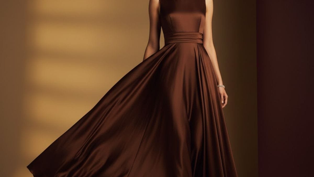 Woman wearing a chocolate brown evening dress for formal events