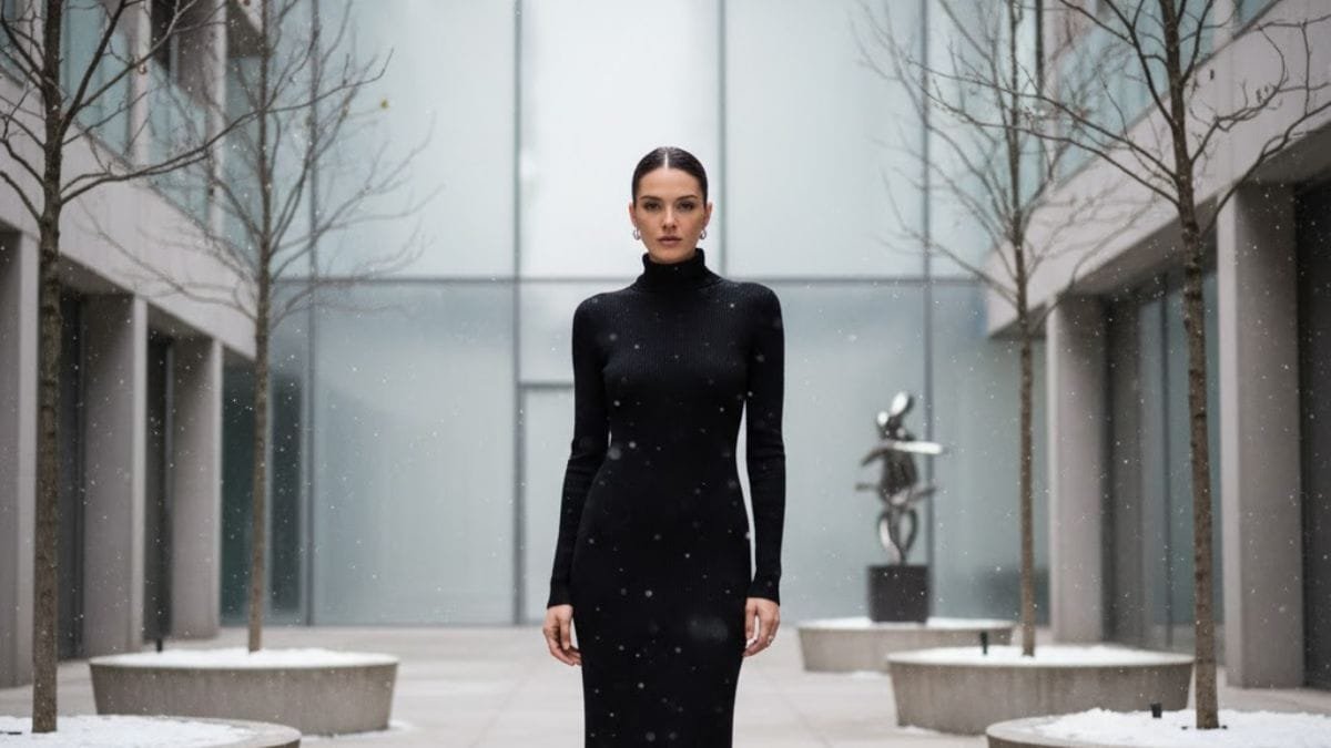 Woman wearing black turtleneck dress in urban winter setting”